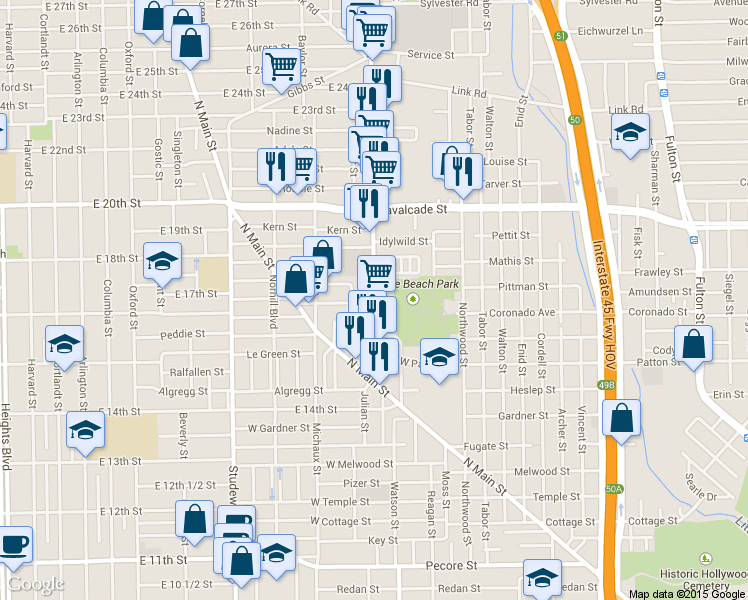map of restaurants, bars, coffee shops, grocery stores, and more near 1613 Airline Drive in Houston