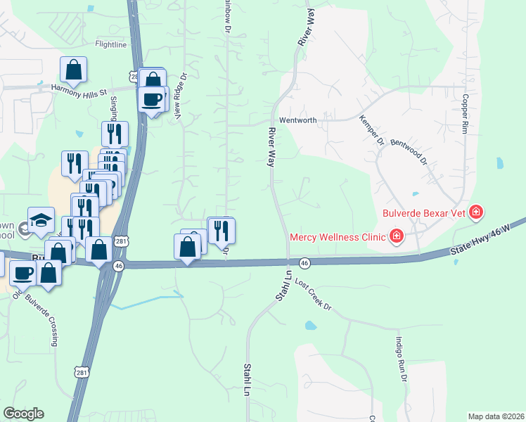 map of restaurants, bars, coffee shops, grocery stores, and more near 3012 River Way in Spring Branch
