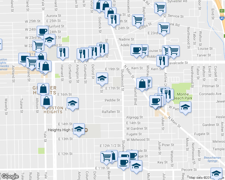 map of restaurants, bars, coffee shops, grocery stores, and more near 738 East 17th Street in Houston