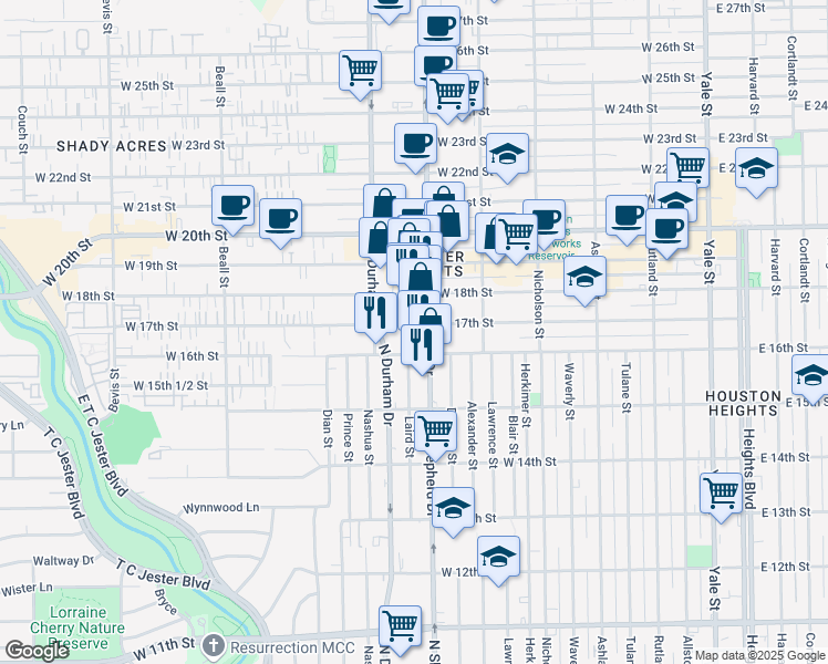 map of restaurants, bars, coffee shops, grocery stores, and more near 716 West 17th Street in Houston