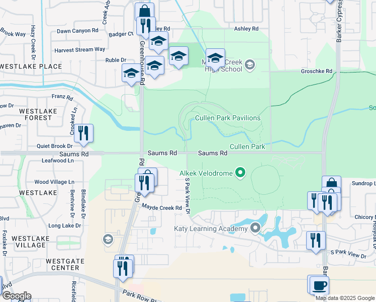 map of restaurants, bars, coffee shops, grocery stores, and more near 19008 Saums Road in Houston