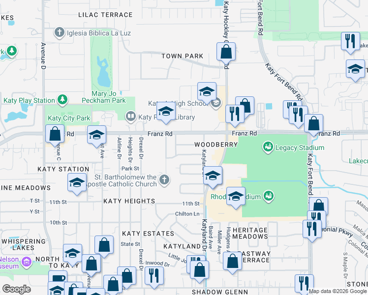 map of restaurants, bars, coffee shops, grocery stores, and more near 5331 Linda Lane in Katy