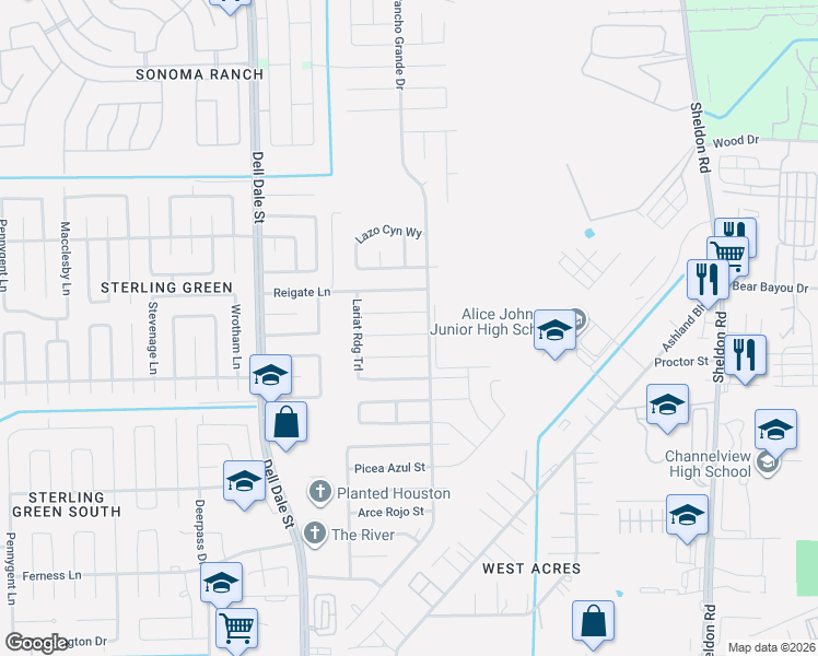 map of restaurants, bars, coffee shops, grocery stores, and more near 15459 Rancho Joya Way in Channelview