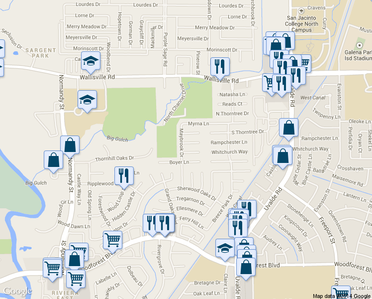 map of restaurants, bars, coffee shops, grocery stores, and more near 13207 Whitchurch Way in Houston