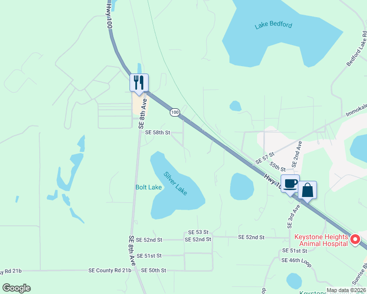 map of restaurants, bars, coffee shops, grocery stores, and more near Southeast 55th Trail in Keystone Heights