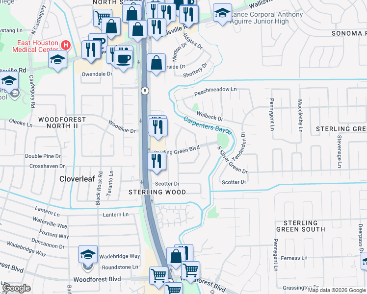 map of restaurants, bars, coffee shops, grocery stores, and more near 1403 Sterling Green Ct in Houston