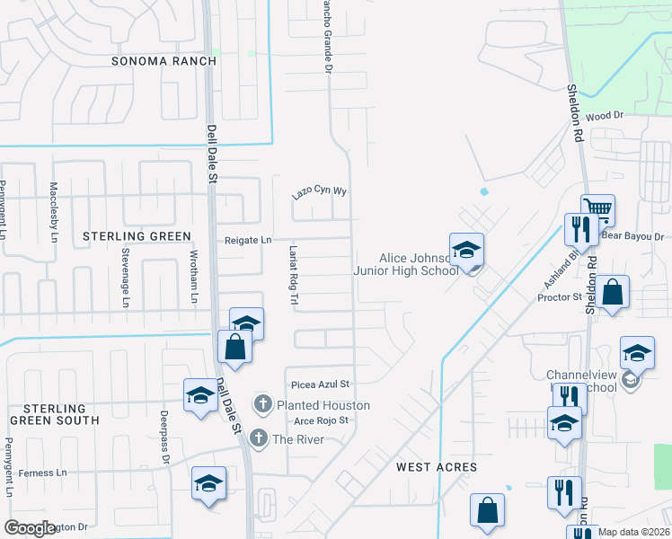 map of restaurants, bars, coffee shops, grocery stores, and more near 15459 Rancho Joya Way in Channelview