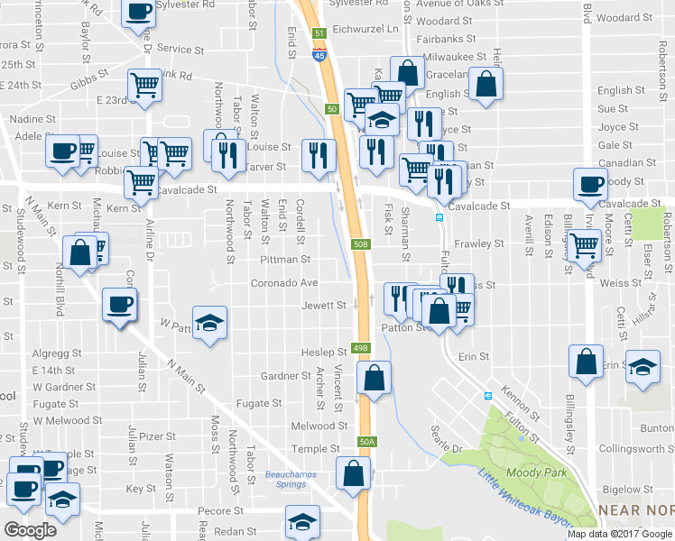 map of restaurants, bars, coffee shops, grocery stores, and more near 1005 Vincent Street in Houston