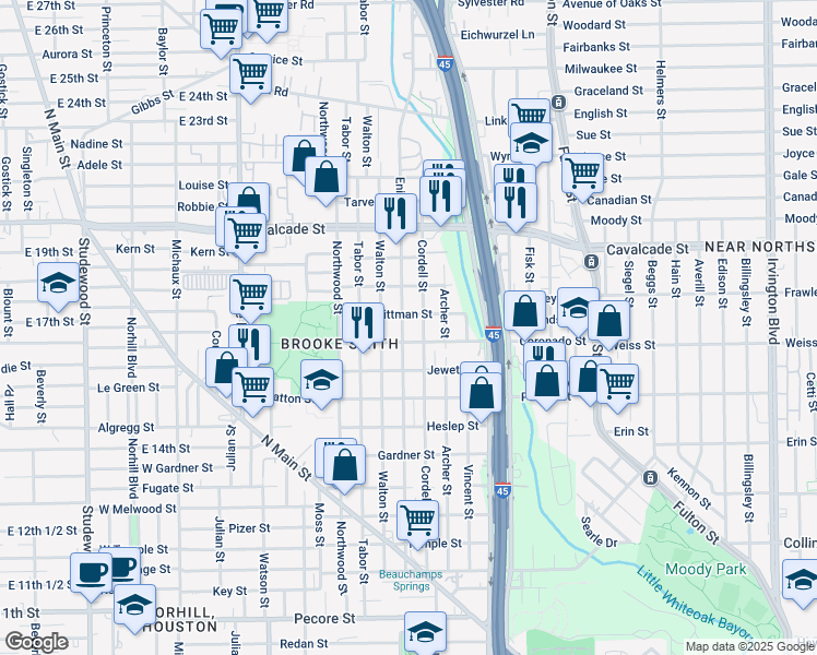map of restaurants, bars, coffee shops, grocery stores, and more near 1006 Walton Street in Houston