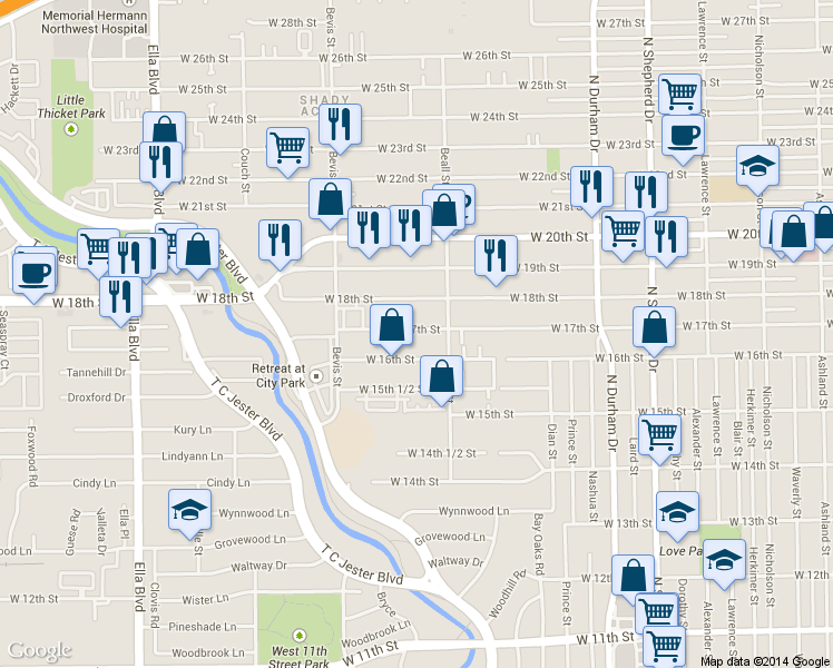 map of restaurants, bars, coffee shops, grocery stores, and more near 1138 West 17th Street in Houston