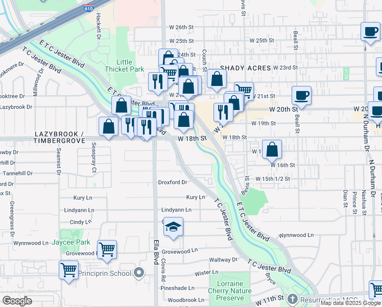 map of restaurants, bars, coffee shops, grocery stores, and more near 1700 T C Jester Boulevard in Houston