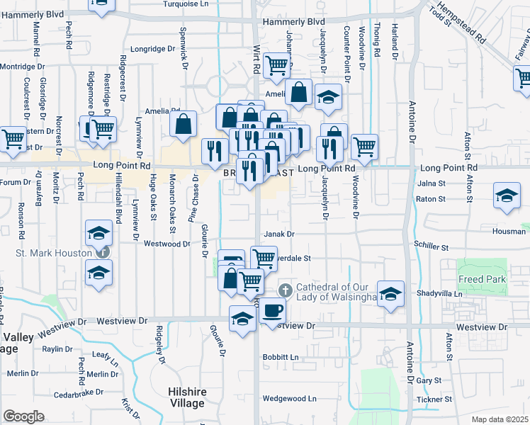 map of restaurants, bars, coffee shops, grocery stores, and more near 1606 Westside Springs Lane in Houston