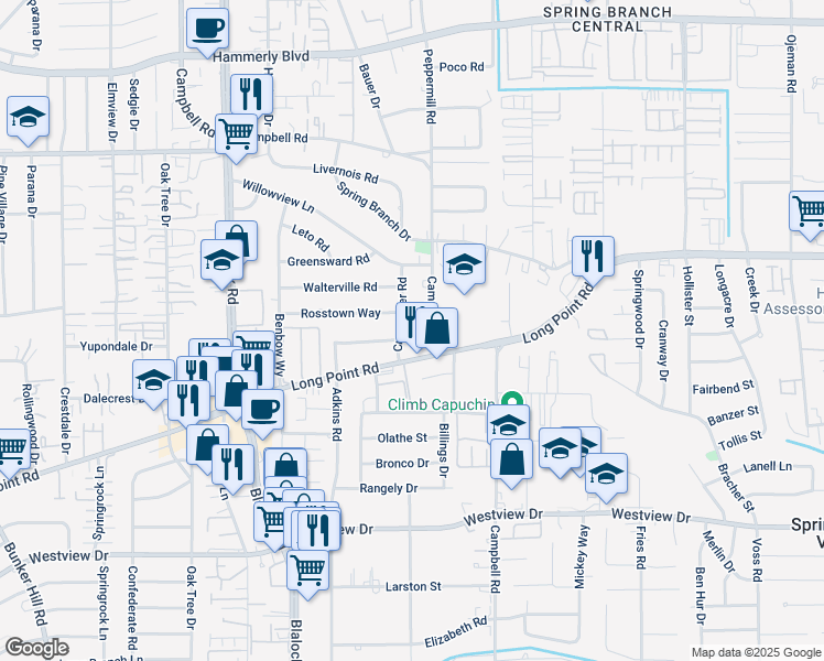 map of restaurants, bars, coffee shops, grocery stores, and more near 1718 Crownover Road in Houston