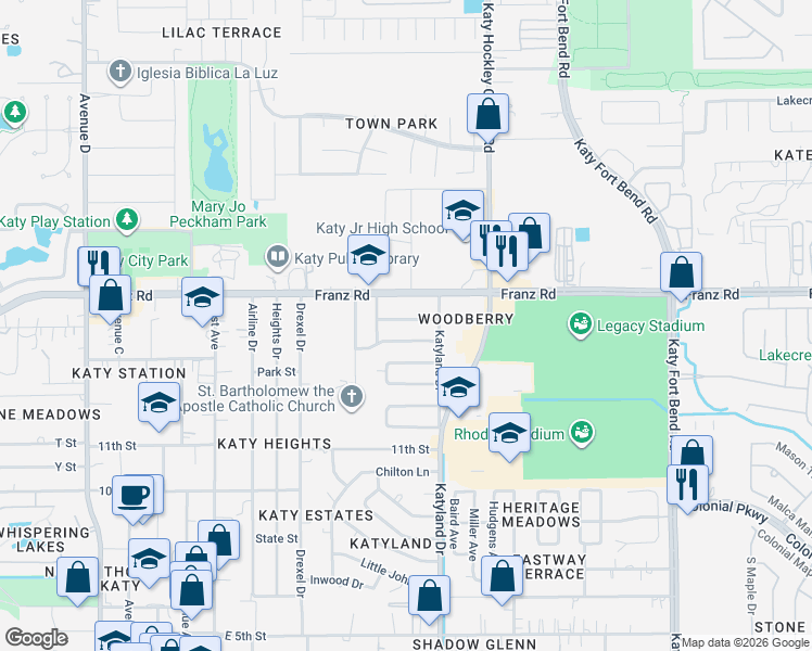 map of restaurants, bars, coffee shops, grocery stores, and more near 5331 Linda Lane in Katy