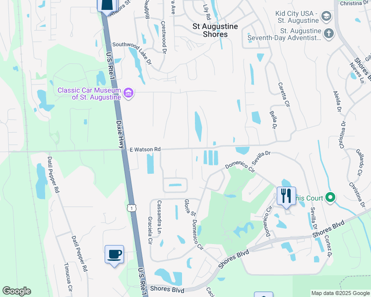 map of restaurants, bars, coffee shops, grocery stores, and more near 336 East Watson Road in St. Augustine