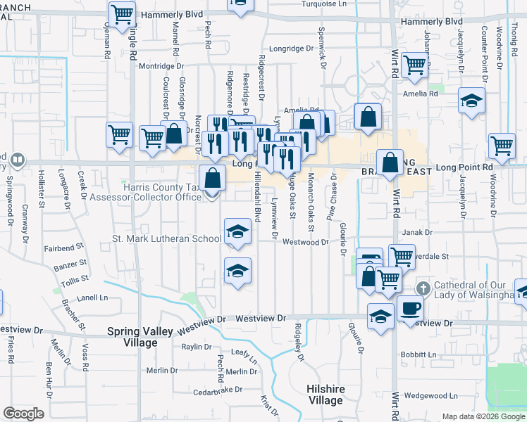 map of restaurants, bars, coffee shops, grocery stores, and more near 1622 Hillendahl Blvd in Houston