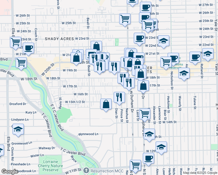 map of restaurants, bars, coffee shops, grocery stores, and more near 918 West 17th Street in Houston