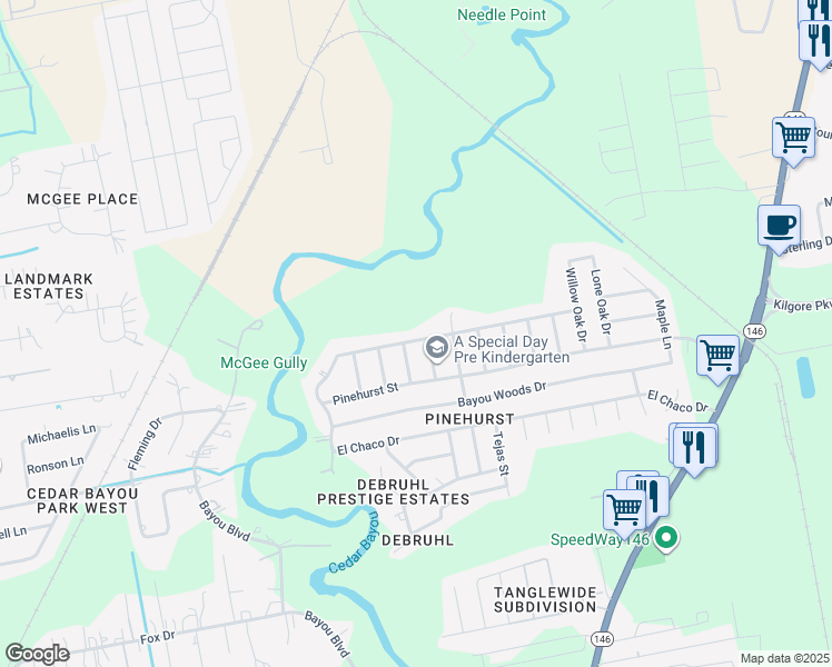 map of restaurants, bars, coffee shops, grocery stores, and more near 9735 Forest Hollow Drive in Baytown