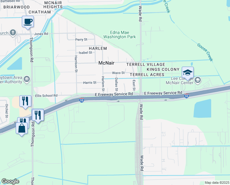 map of restaurants, bars, coffee shops, grocery stores, and more near 7105 Dallas Street in Baytown