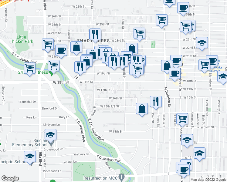map of restaurants, bars, coffee shops, grocery stores, and more near 1138 West 17th Street in Houston