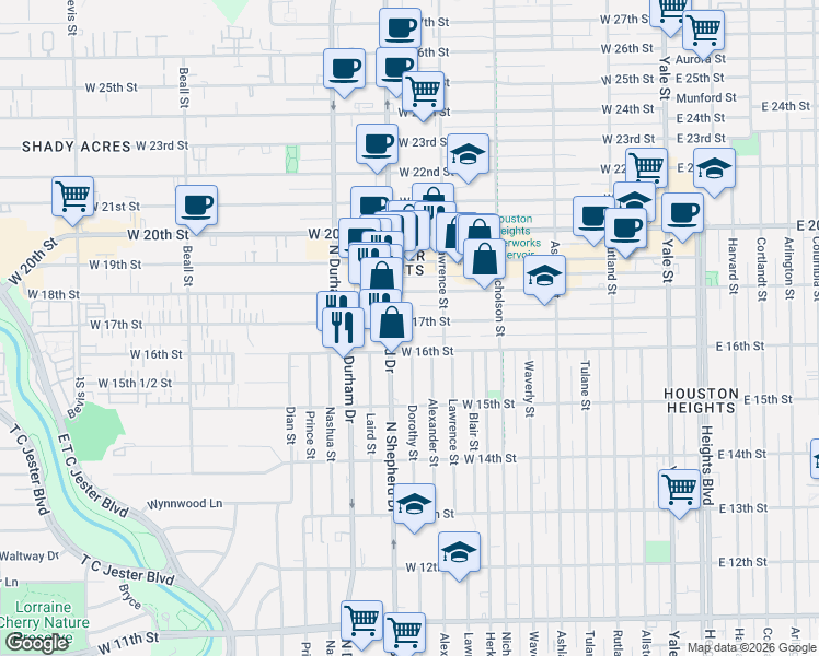 map of restaurants, bars, coffee shops, grocery stores, and more near 624 West 17th Street in Houston