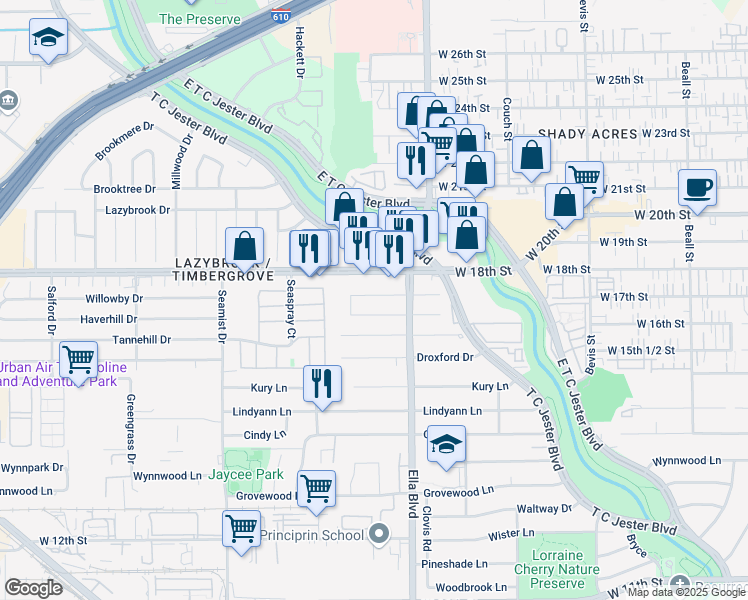 map of restaurants, bars, coffee shops, grocery stores, and more near 1726 Willowby Drive in Houston