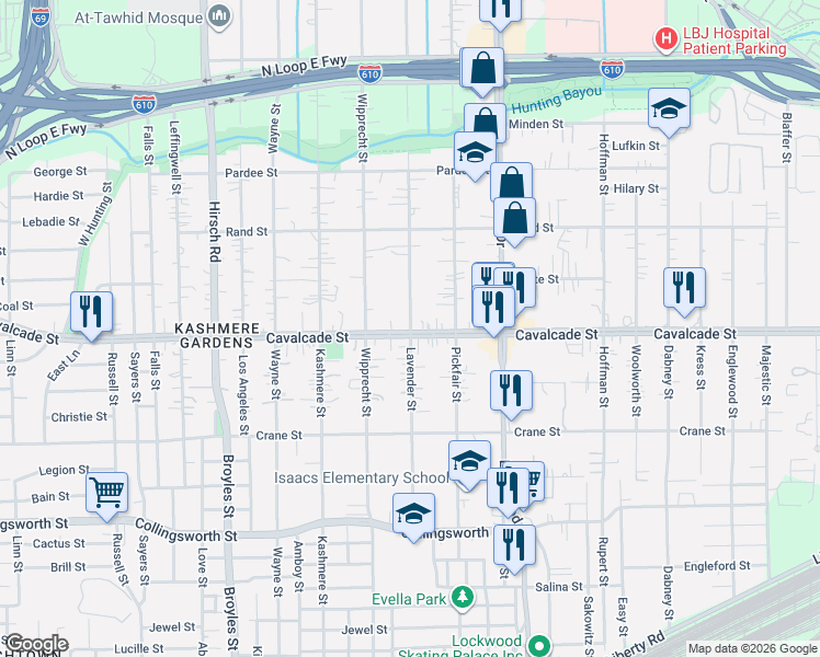 map of restaurants, bars, coffee shops, grocery stores, and more near 5007 Cavalcade Street in Houston