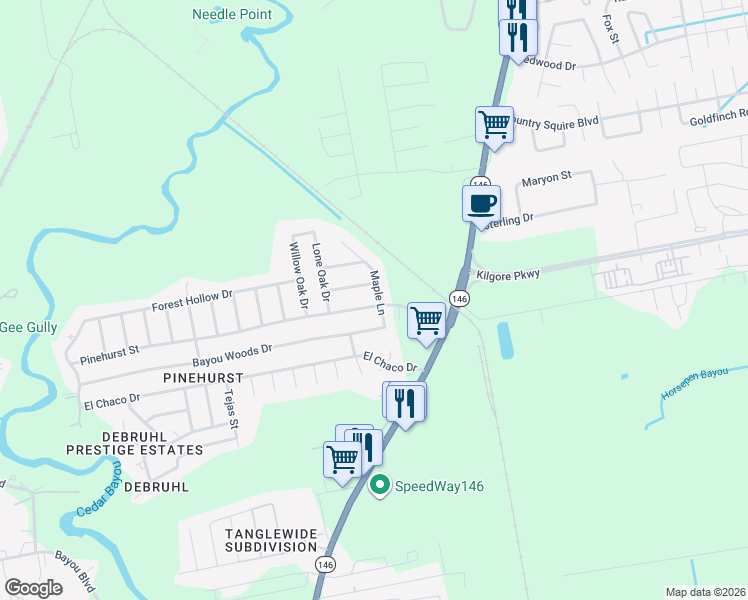 map of restaurants, bars, coffee shops, grocery stores, and more near 10031 Pinehurst Street in Baytown