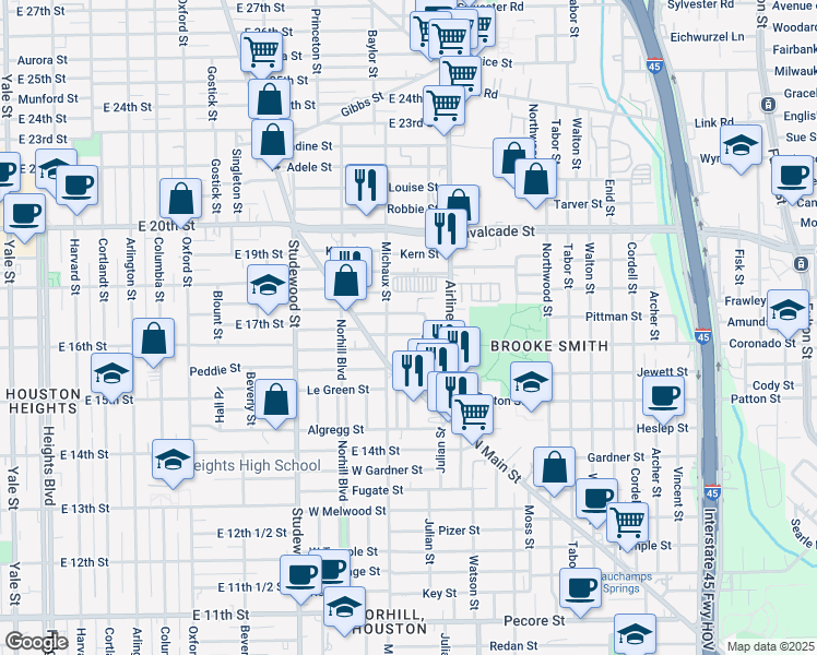 map of restaurants, bars, coffee shops, grocery stores, and more near 915 Walling Street in Houston