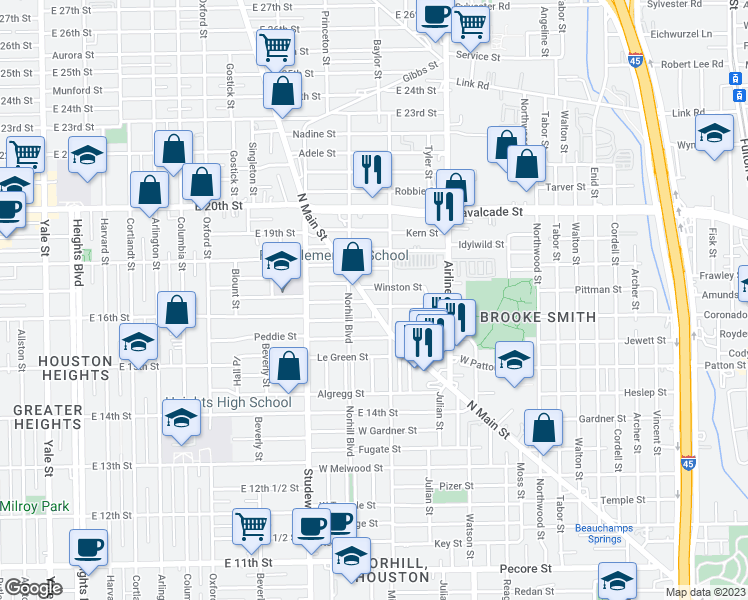 map of restaurants, bars, coffee shops, grocery stores, and more near 5102 North Main Street in Houston