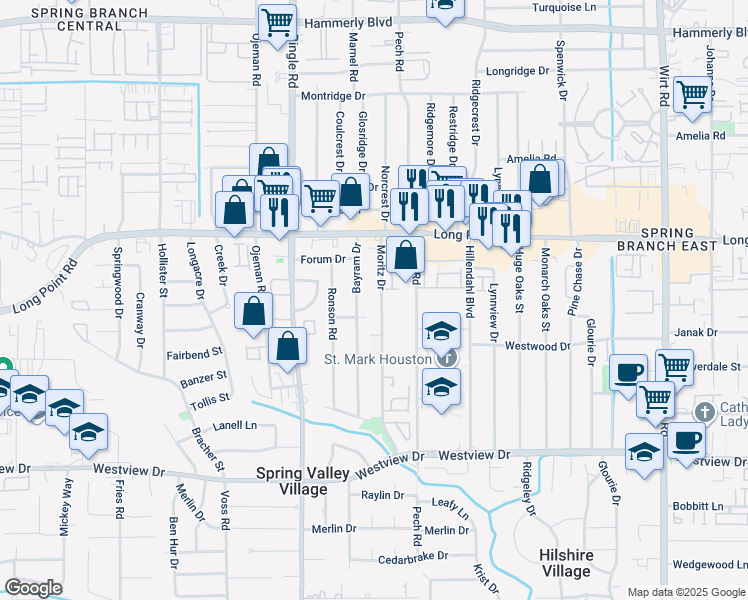 map of restaurants, bars, coffee shops, grocery stores, and more near 1727B Moritz Drive in Houston