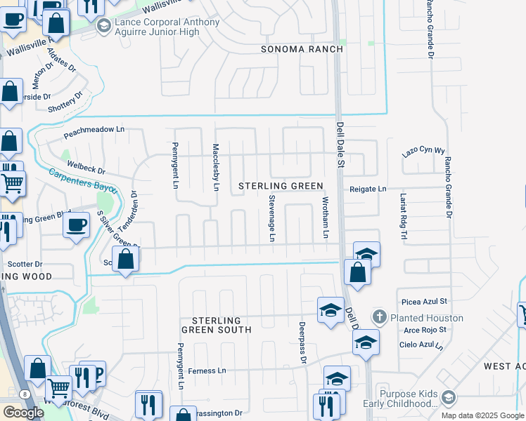 map of restaurants, bars, coffee shops, grocery stores, and more near 1363 Stevenage Lane in Channelview
