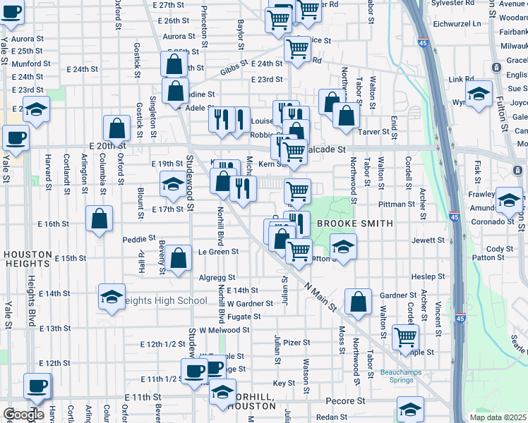 map of restaurants, bars, coffee shops, grocery stores, and more near 915 Walling Street in Houston