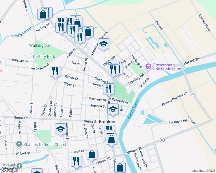 map of restaurants, bars, coffee shops, grocery stores, and more near 220 Cedar Street in Franklin