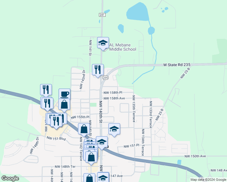 map of restaurants, bars, coffee shops, grocery stores, and more near 13808 Northwest 158th Avenue in Alachua