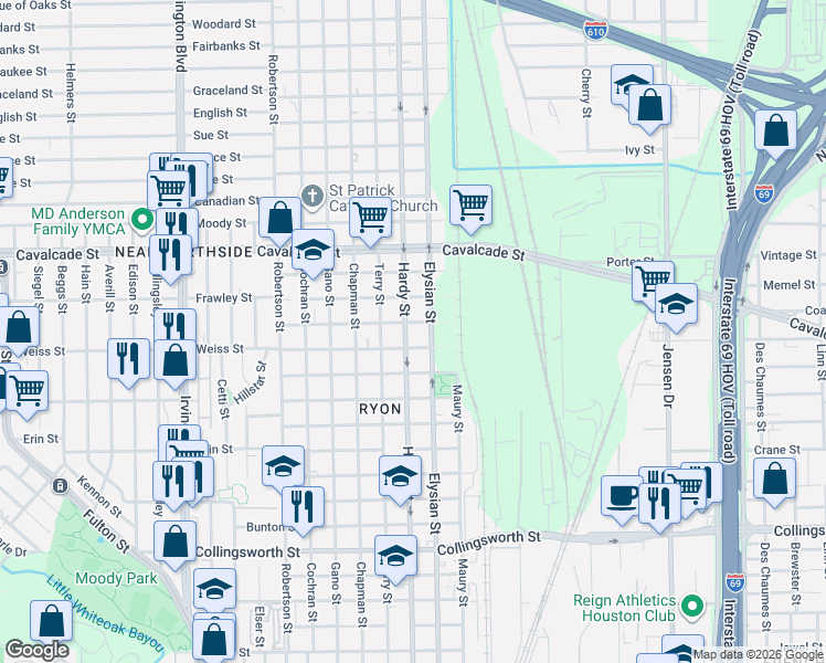 map of restaurants, bars, coffee shops, grocery stores, and more near 4408 Hardy Street in Houston