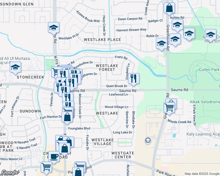 map of restaurants, bars, coffee shops, grocery stores, and more near 19511 Quiet Brook Drive in Houston