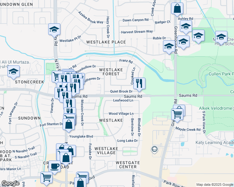 map of restaurants, bars, coffee shops, grocery stores, and more near 19511 Quiet Brook Drive in Houston