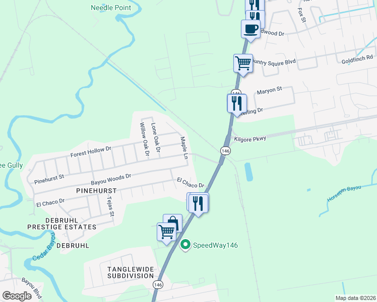 map of restaurants, bars, coffee shops, grocery stores, and more near 10031 Pinehurst Street in Baytown