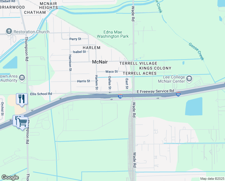 map of restaurants, bars, coffee shops, grocery stores, and more near 7105 Dallas Street in Baytown