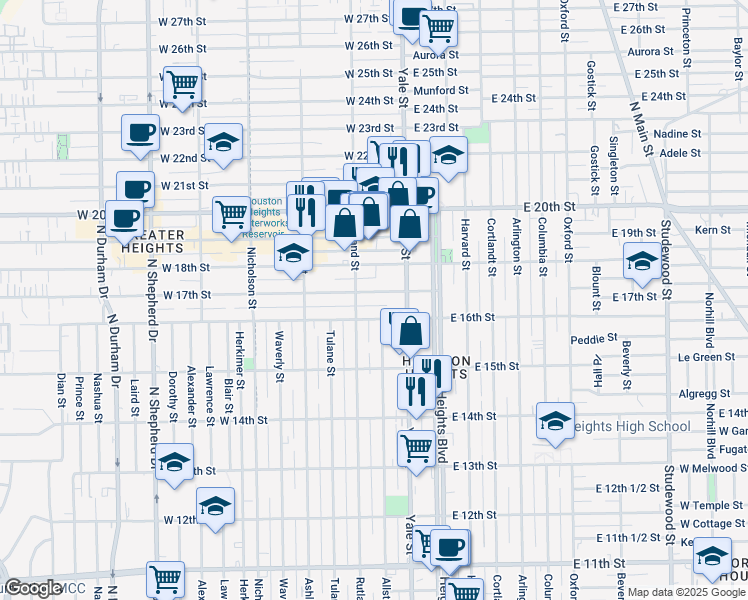 map of restaurants, bars, coffee shops, grocery stores, and more near 214 West 17th Street in Houston