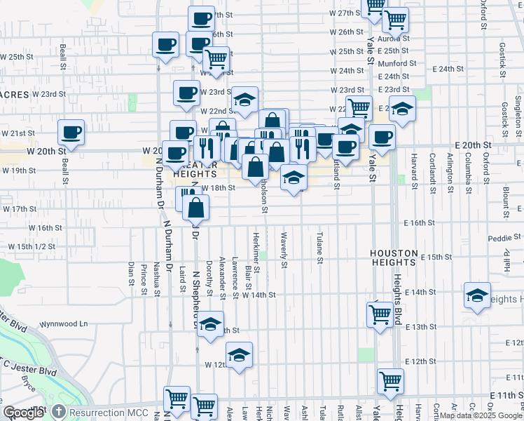 map of restaurants, bars, coffee shops, grocery stores, and more near 1619 Nicholson Street in Houston
