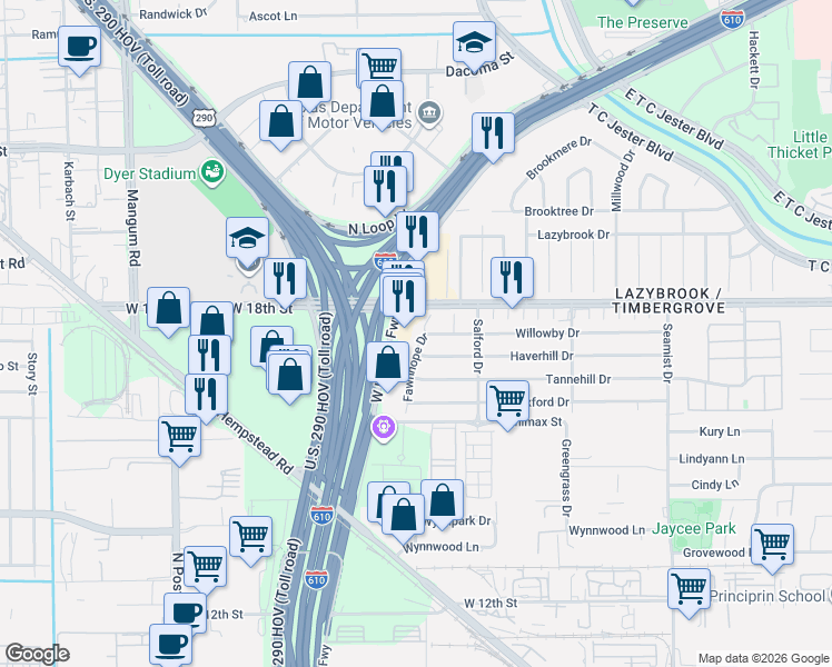 map of restaurants, bars, coffee shops, grocery stores, and more near 1718 West Loop North Freeway in Houston