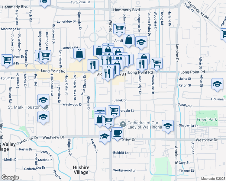 map of restaurants, bars, coffee shops, grocery stores, and more near 1606 Westside Springs Lane in Houston