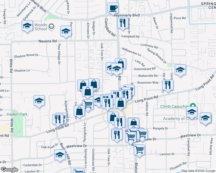 map of restaurants, bars, coffee shops, grocery stores, and more near 1612 Oak Tree Drive in Houston