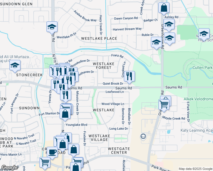 map of restaurants, bars, coffee shops, grocery stores, and more near 19511 Quiet Brook Drive in Houston