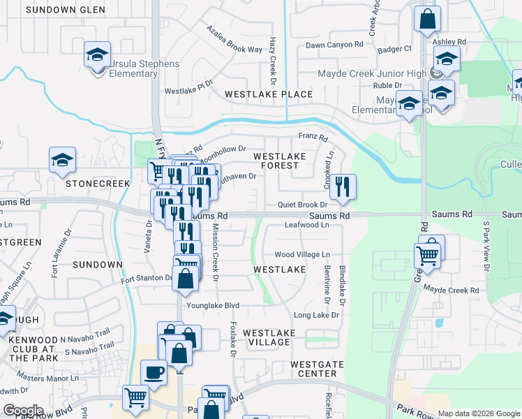 map of restaurants, bars, coffee shops, grocery stores, and more near 19543 Quiet Brook Drive in Houston