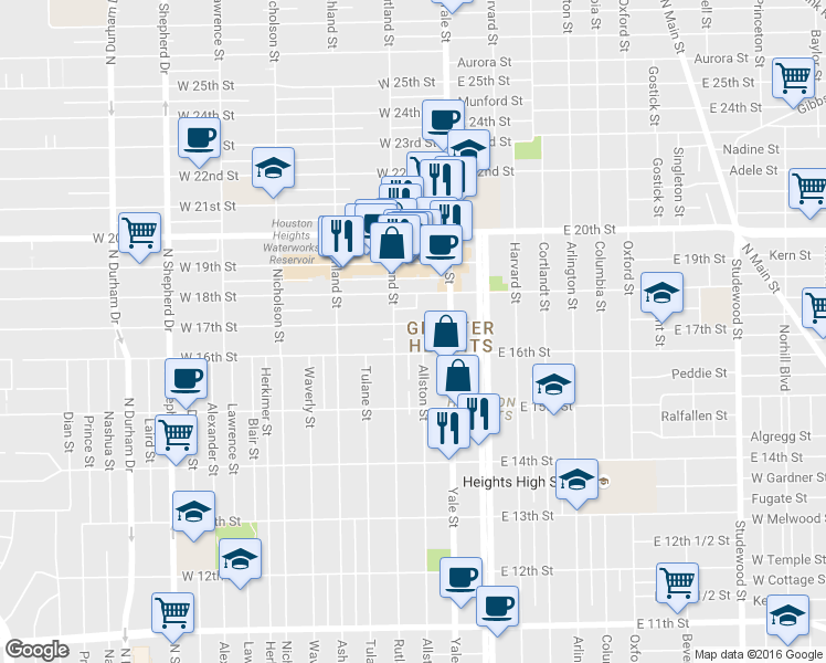 map of restaurants, bars, coffee shops, grocery stores, and more near 224 West 17th Street in Houston
