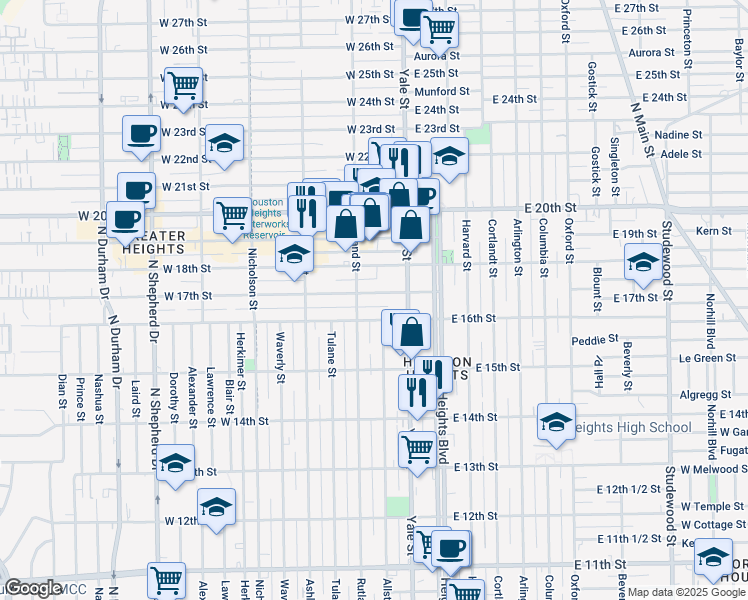 map of restaurants, bars, coffee shops, grocery stores, and more near 224 West 17th Street in Houston