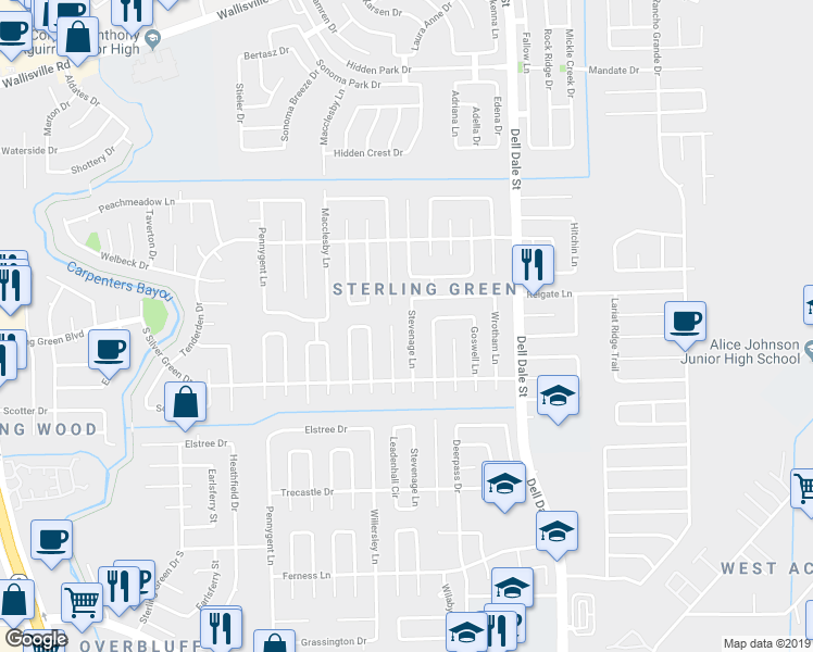 map of restaurants, bars, coffee shops, grocery stores, and more near 1363 Stevenage Lane in Channelview